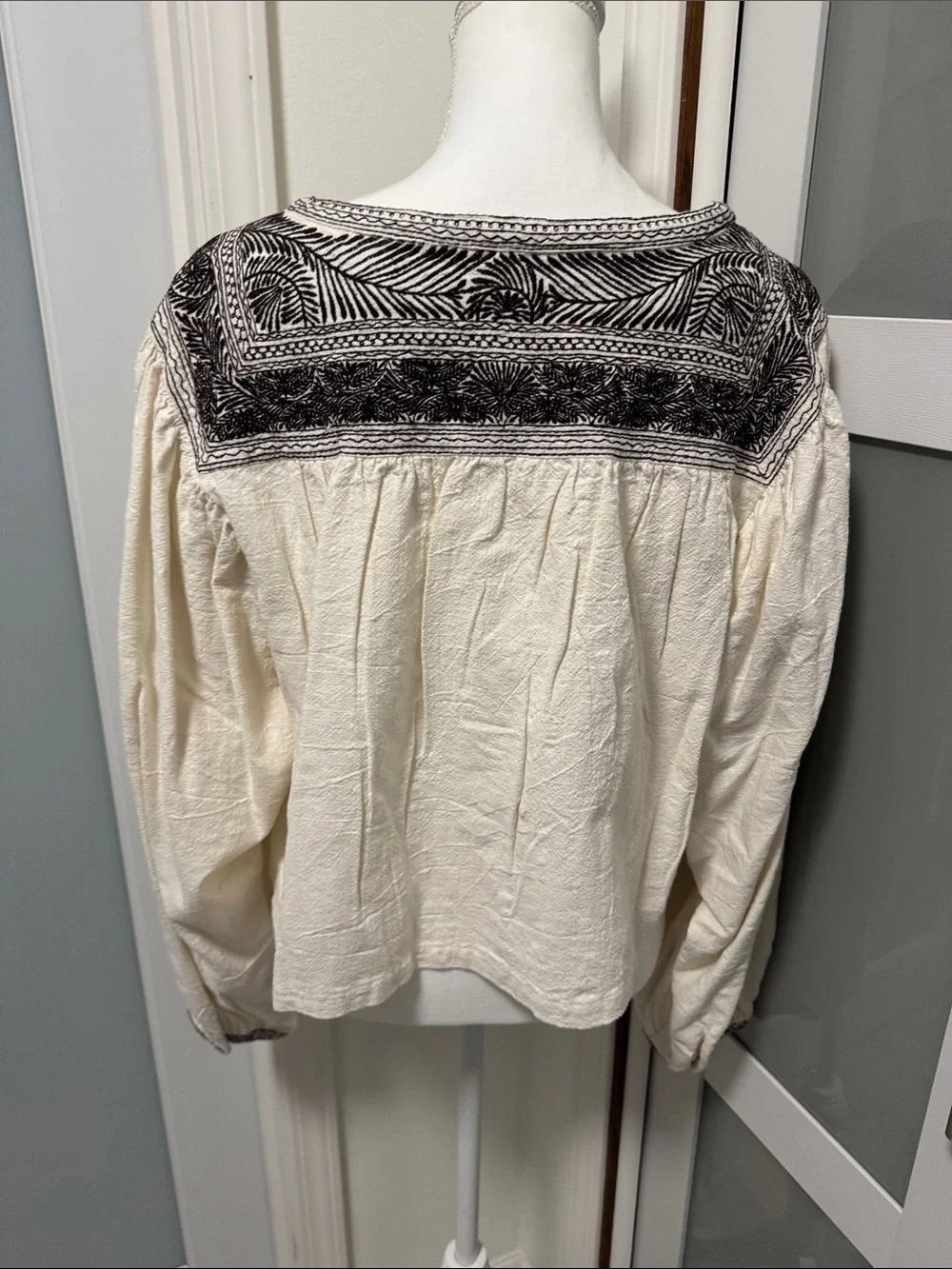 Free People Cream Peasant Blouse with Black Embroidery